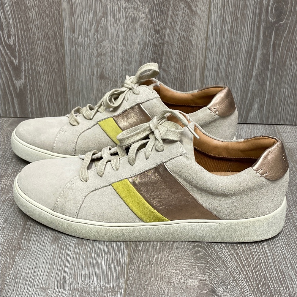 Frye & Co Hallie Low Suede Lace Up Casual Sneakers Cream Gold Yellow Stripes 11W